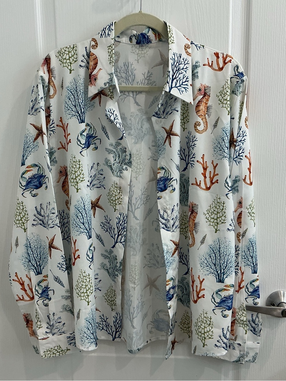 Ocean Print Button-Up Blouse in White with Blue & Rust Accents